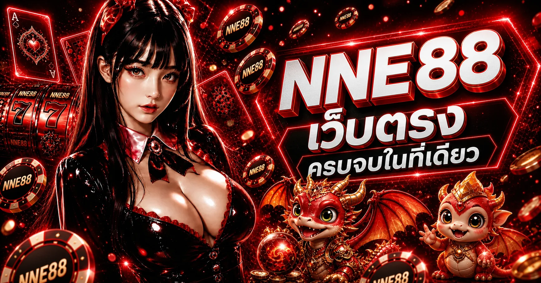 แบนเนอร์ NNE88 เว็บตรงพร้อมตัวละครเกมสล็อตโทนแดงดำ